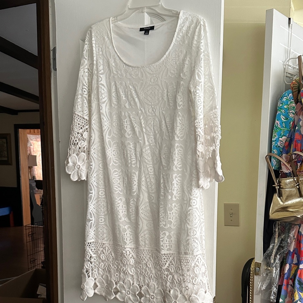 Alfani White Lace Dress with Intricate Flower Lace Sleeves